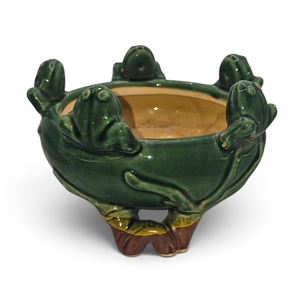 Vintage Green Glazed Ceramic Frog Planter Five Frogs Tripod Base Succulent Pot